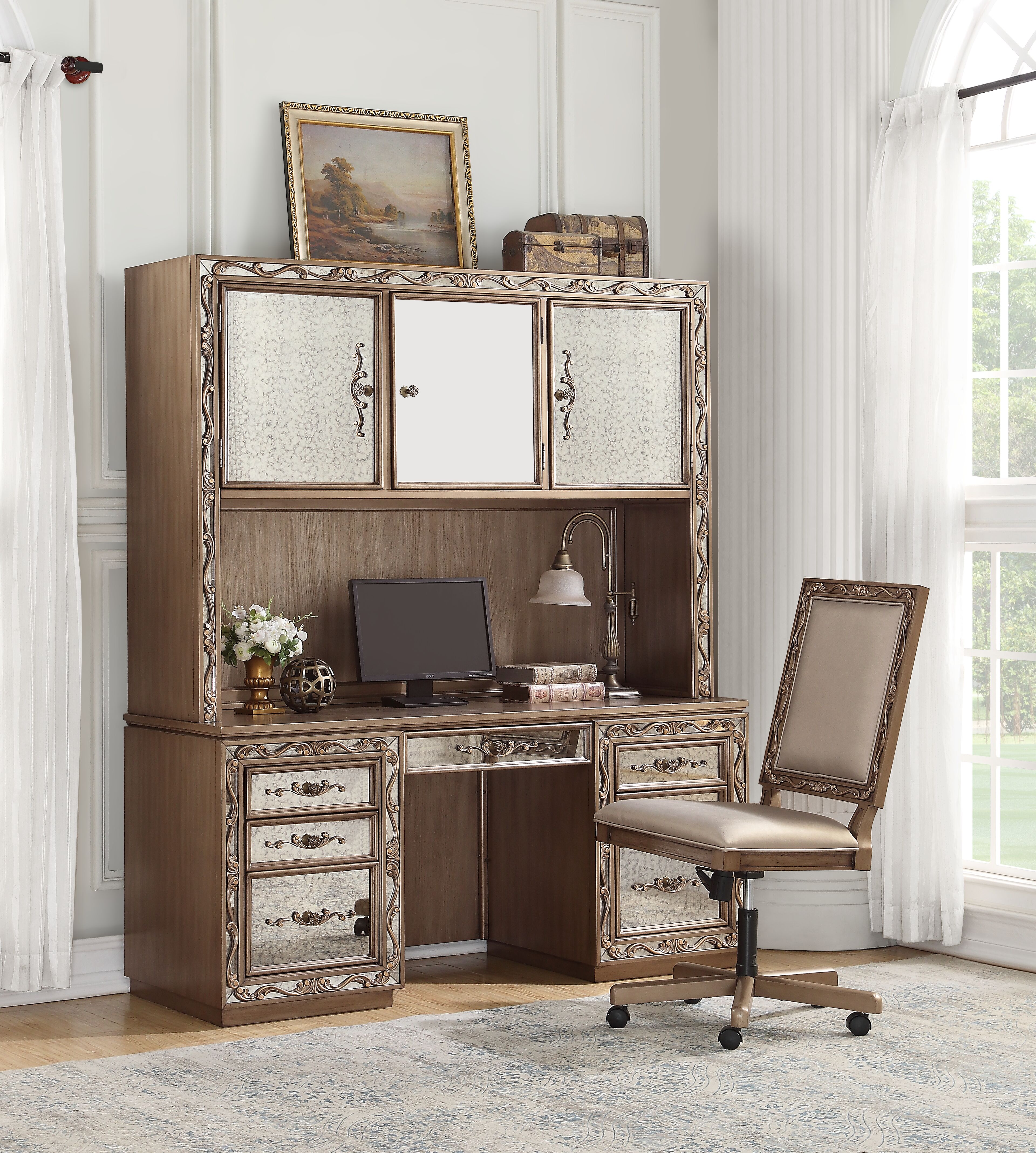 Acme Orianne Computer Desk and Hutch in Antique Gold