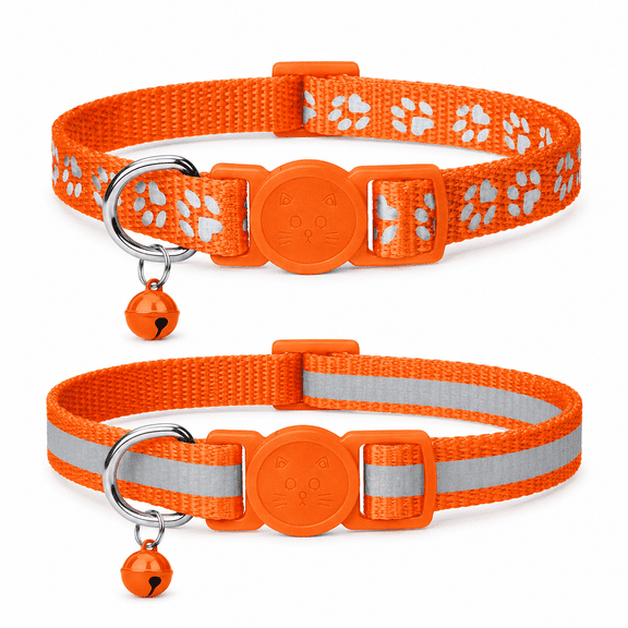 2 Pack Reflective Breakaway Cat Collars with Bell, Adjustable Lightweight Nylon Kitten Collars with High Visibility Strip, Removable Bell for Cats, Orange, Fits 7.5”–12.5”