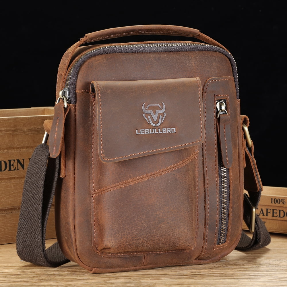 LEBULLBRO Retro Men's Sling Leather Shoulder Crossbody Bags Vintage Medium Handbag