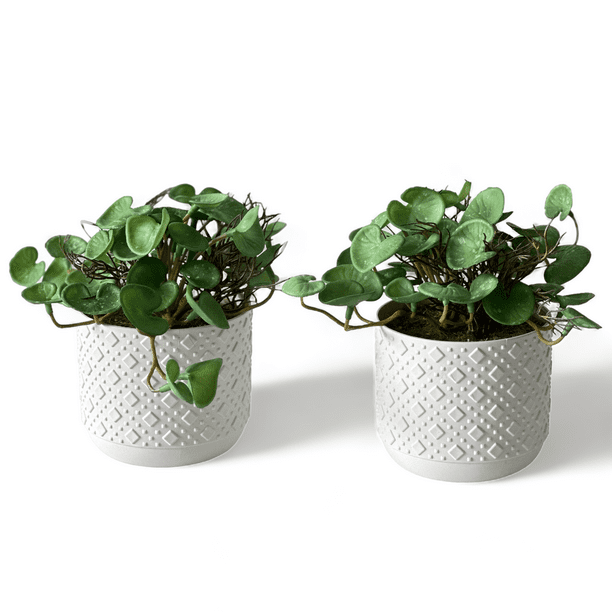 Poetree 2 Pack 7.87" T Fake Green Plants in White Plastic Pot