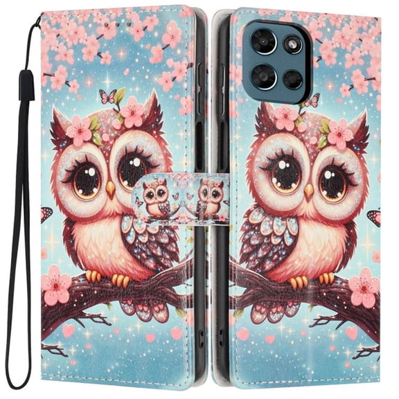 Leather For Motorola Moto G 5G (2025) / Moto G 5G (2026) 6.7-inch Wallet Case Crystal Material Owl&Butterflys&Flowers, With Card Holder,Wristband,Magnetic Clasp Kickstand Folio Cover,Color-1