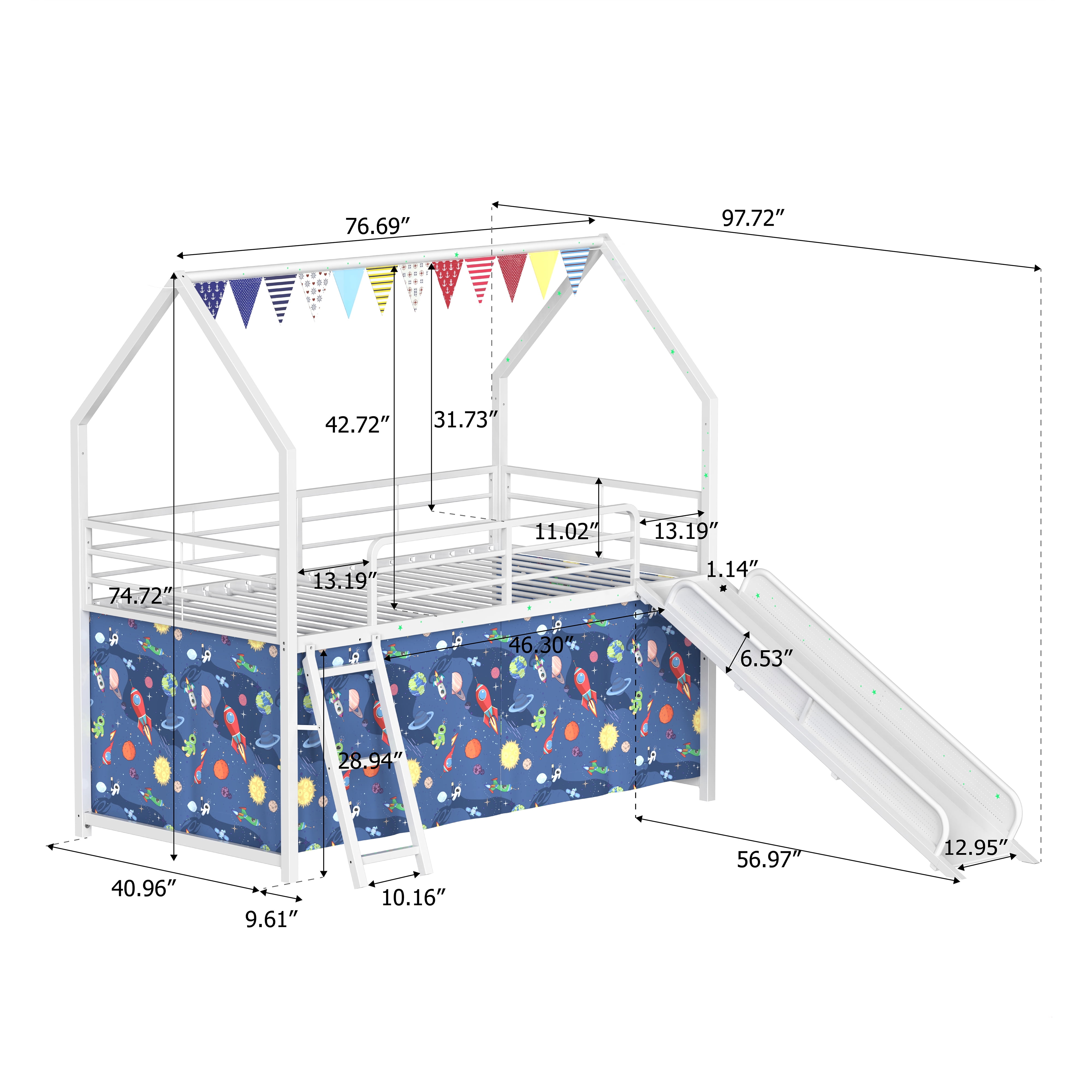 Miniyam Kids Twin Loft Bed with Slide and Curtain, House-Shaped Metal Frame Bunk with Guardrails, Ladder, White