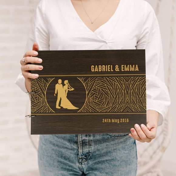 Darling Souvenir Livre d'Or de Mariage Personnalisé Gravé et Découpé au Laser, Couverture en Bois, Registre de Livre de Signature, Livre d'Or Scrapbook-J8