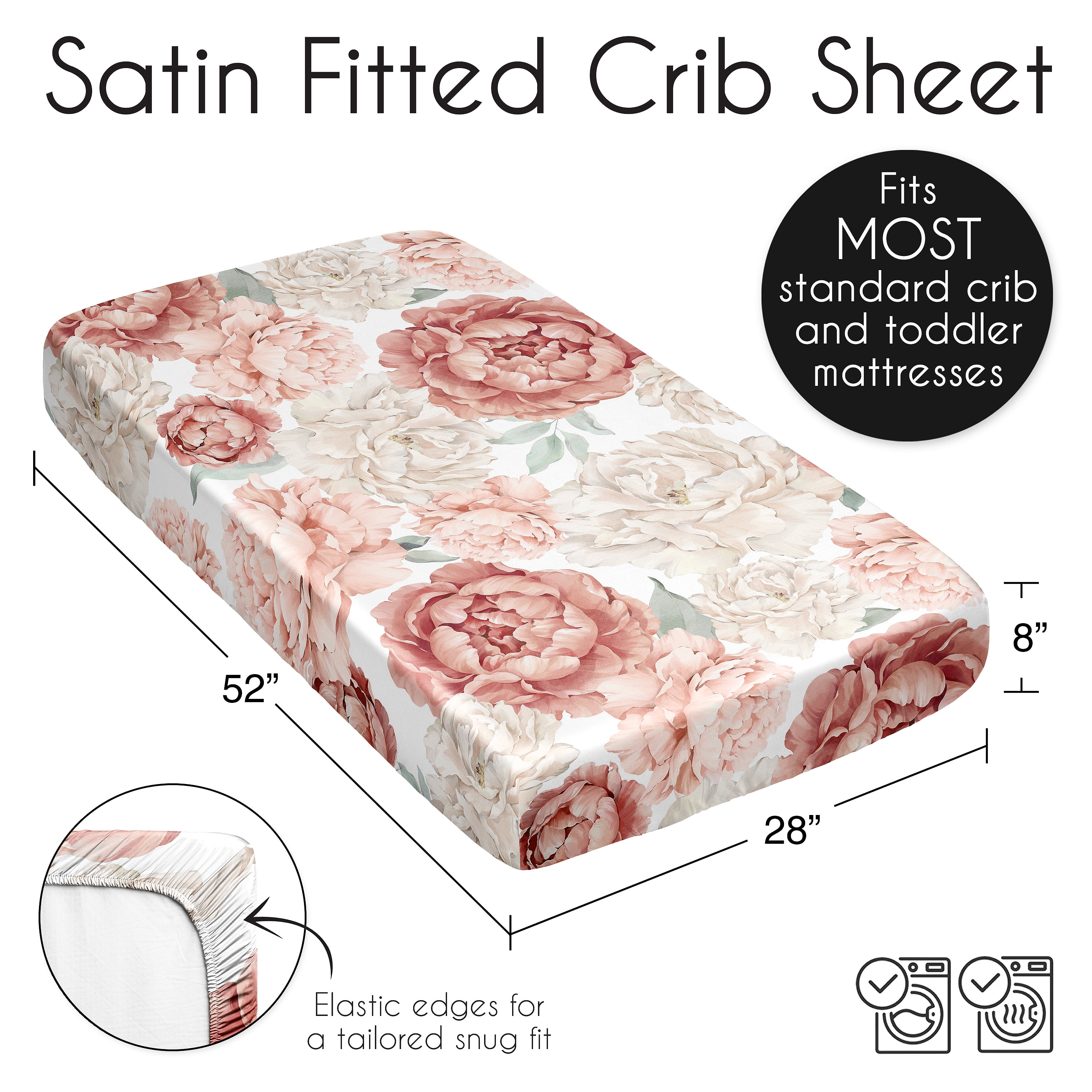 Sweet Jojo Designs Peony Floral Garden Blush Pink Off White Ivory Cream Satin Fitted Crib Sheet