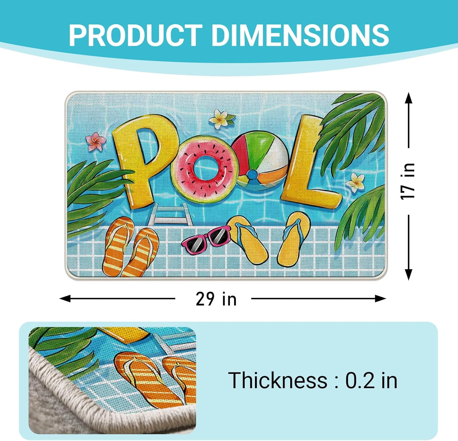 Summer Pool Welcome Front Door Mat, Swim Ring Ball Flip Flops Decorative Doormat Non-Slip Floor Entryway Rug, Spring Tropical Palm Leaves Indoor Outdoor Home Kitchen Decoration 17x29 Inches
