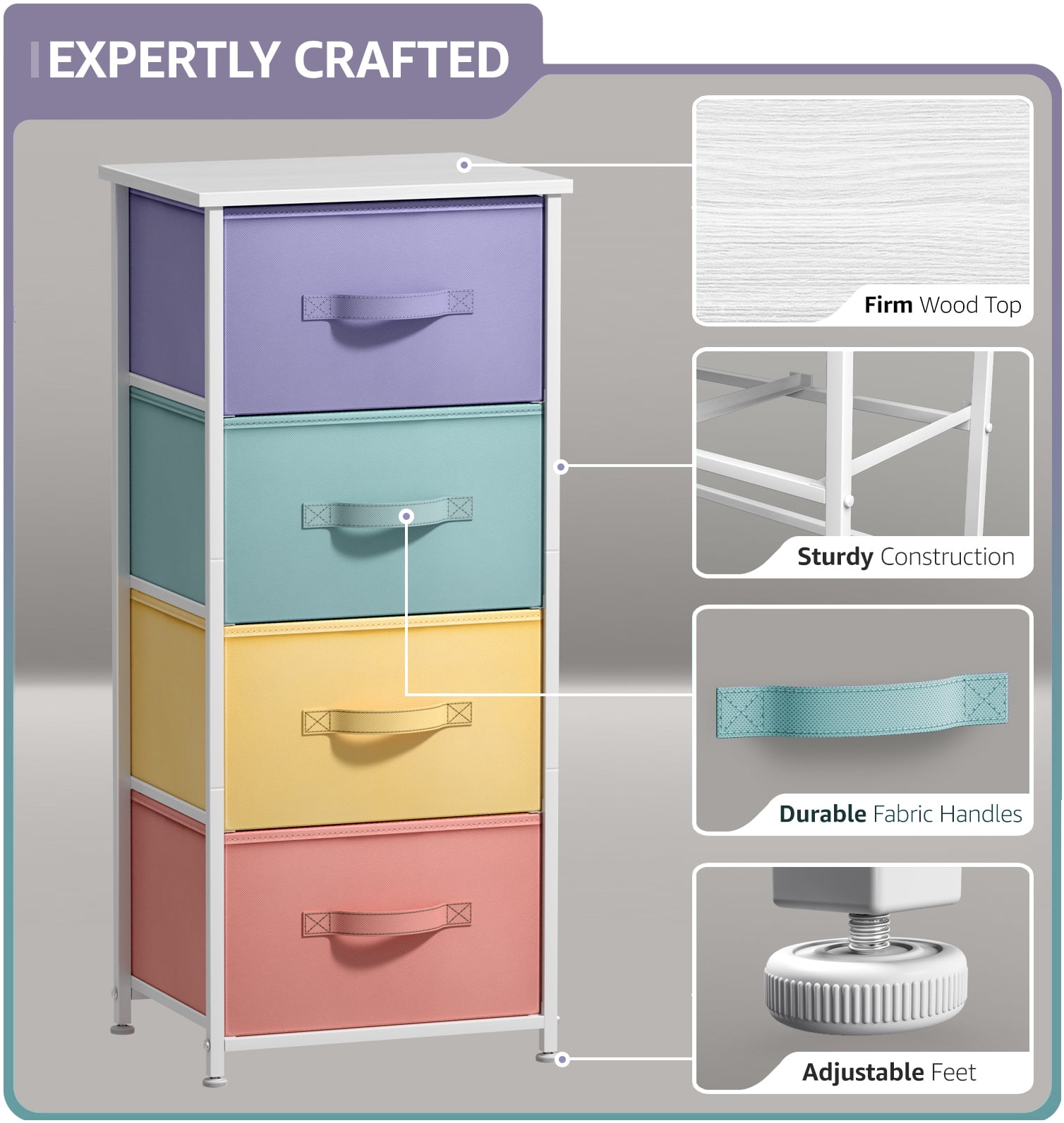 Sorbus 4-Drawer Nightstand, Bedside Table with Steel Frame, Wood Top, Multi Pastel