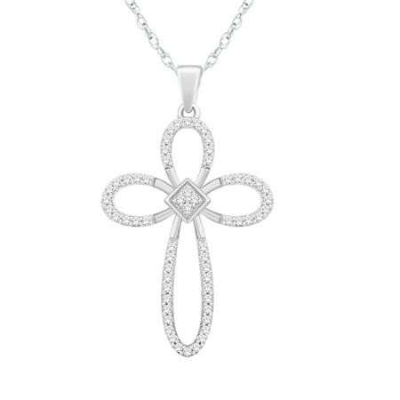 Trillion Design 0.14 CT Round Cut Genuine Diamond 925 Sterling Silver Cross Pendant Necklace I2