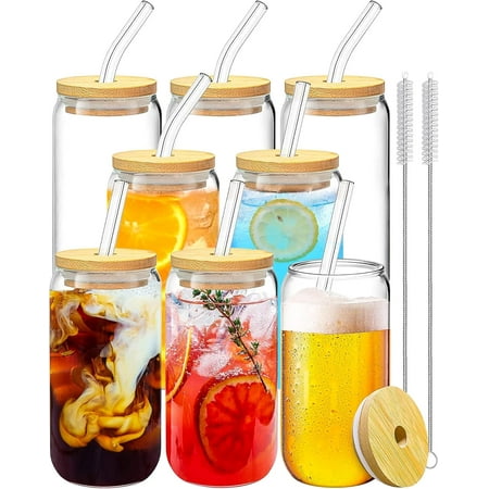 Drinking Glasses with Bamboo Lids and Glass Straw 8PCS Set, 16oz Glass Cups with Lids and Straws, Beer, Iced Coffee Glasses, Soda, Gift 2 Cleaning Brushes
