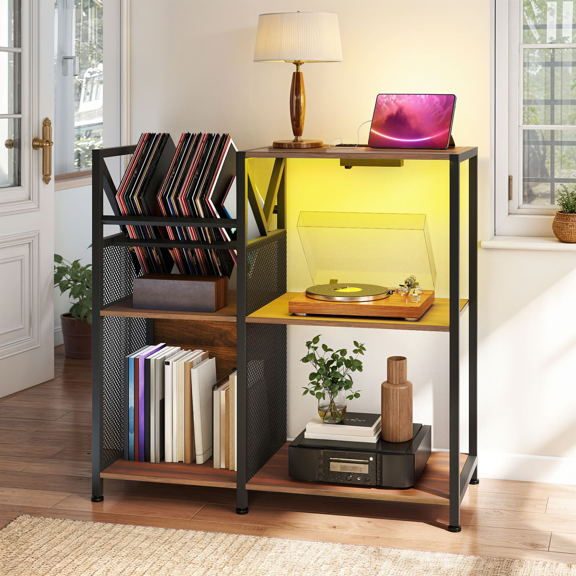 Uforic 3-Tier Vinyl Record Player Stand with RGB LED Light, Power Strip (AC/USB), Walnut Storage Cabinet Holds 300 Albums