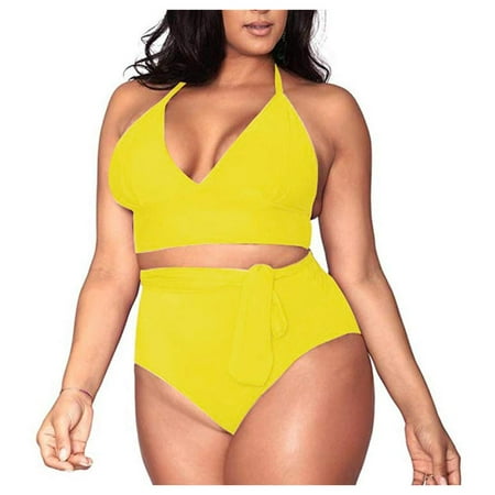 Danhjin Womens Plus Size Bikini High Waisted Swimsuits Two Piece Bathing Suits Tummy Control Swimwear on Clearance