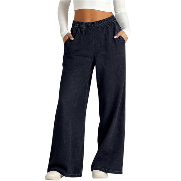 Clossjun Pants for Women High Waisted Stretchy Baggy Jeans Pull On Straight Leg Elastic Waist Wide Leg Denim Pants with Pockets