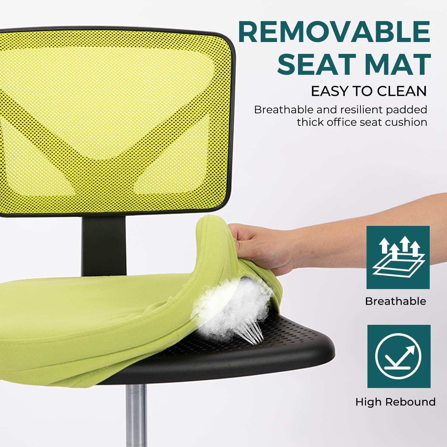 Armless Mesh Office Chair, Ergonomic Low-Back Swivel Desk Chair with Wheels and Lumbar Support, Height Adjustable, Green