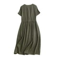 thumbnail image 3 of Rgdypko Summer Dresses For Women 2025 Vintage Casual Style V Neck Short Sleeve Midi Dress | A Line Waist Cinching Slim Fit Linen Skirt Basic Daily Clothing, 3 of 9