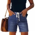 thumbnail image 3 of VBVC Women's Elastic High Waisted Denim Shorts,Drawstring Cuffed Washed Bottoms For Women,Ladies Stretchy Summer Jean Shorts with Pockets,Blue,S-2XL, 3 of 6