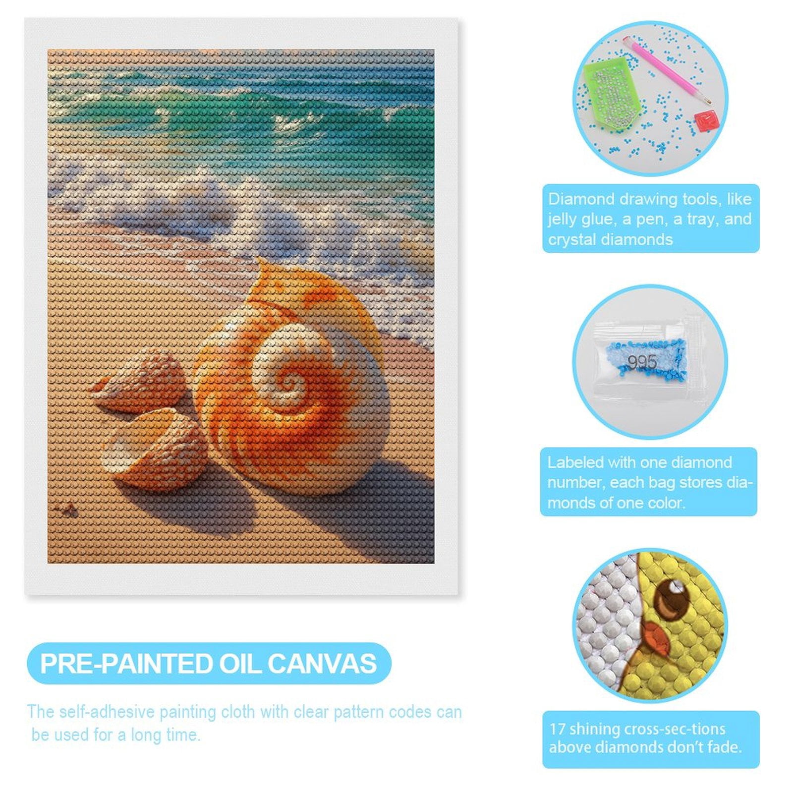 Diamond Art Kits for Adults, Beach Seashells Waves Shoreline 5D Diamond Painting Kits for Adults Beginners, DIY Full Drill Diamond Painting, Gem Art and Crafts 12x16