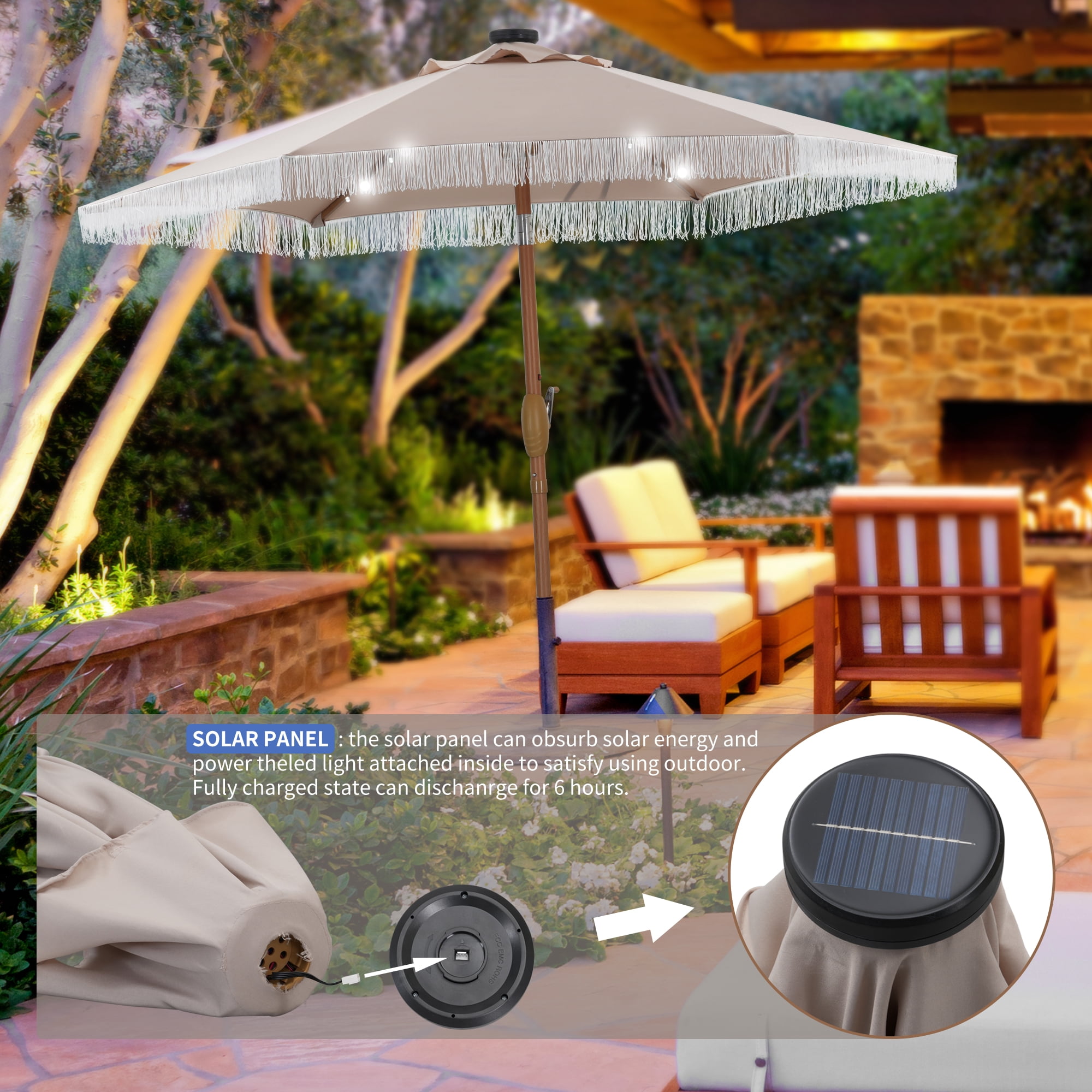 Autlaycil 7.5 ft Khaki Outdoor Solar LED Patio Umbrella with Tassels and Fringe