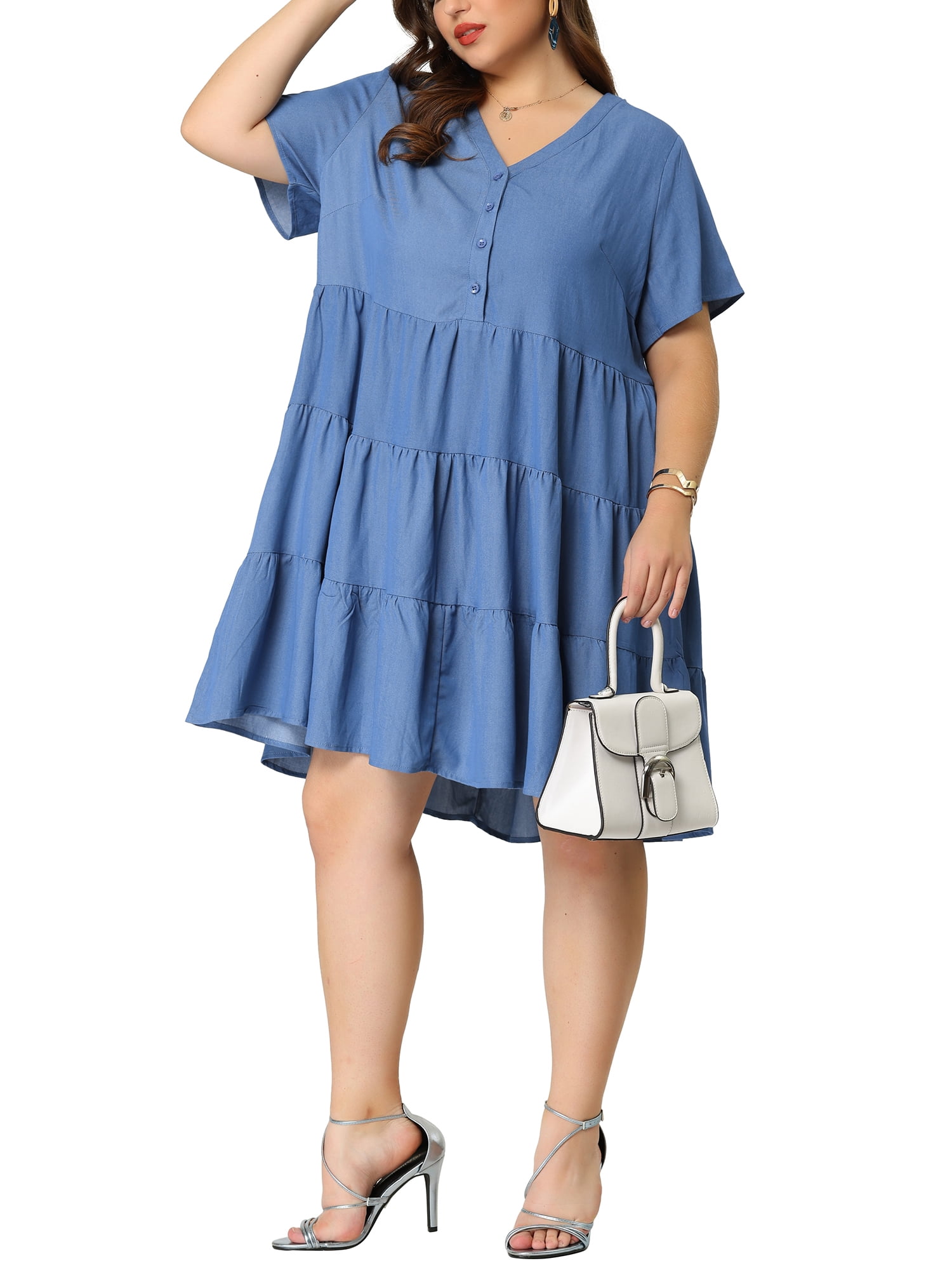 DARING DIVA Plus Size Button Down V Neck Tiered Chambray Dress 4X Blue