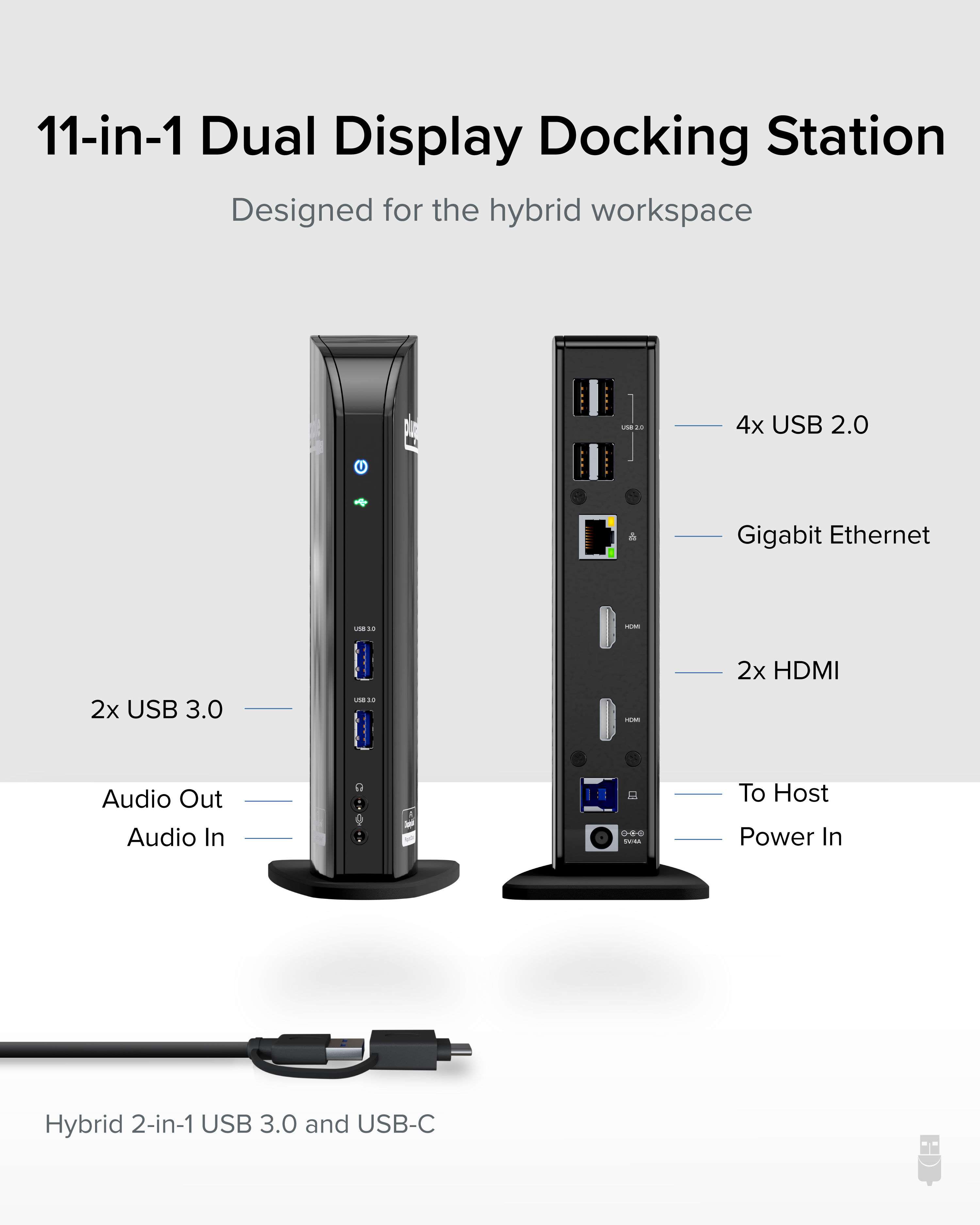 Plugable Laptop Docking Station Dual Monitor for USB-C or USB 3.0, Compatible with Windows and Mac, (Dual HDMI, 6x USB Ports, Gigabit Ethernet, Audio) - image 2 of 7