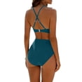 thumbnail image 3 of Women's Halter One Piece Swimsuit Mesh Sheer Deep V Cut Out Slimming Ruched High Waist Trendy Bathing Suit (XS, Sky Blue), 3 of 5