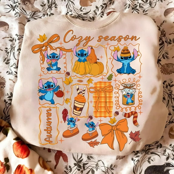Disney Stitch Cozy Season Sweatshirt, Autumn Fall Cute Disney Stitch Pumpkin Coffee Maple Leaf, Autumn Sweatshirt, S-3XL Sweatshirt