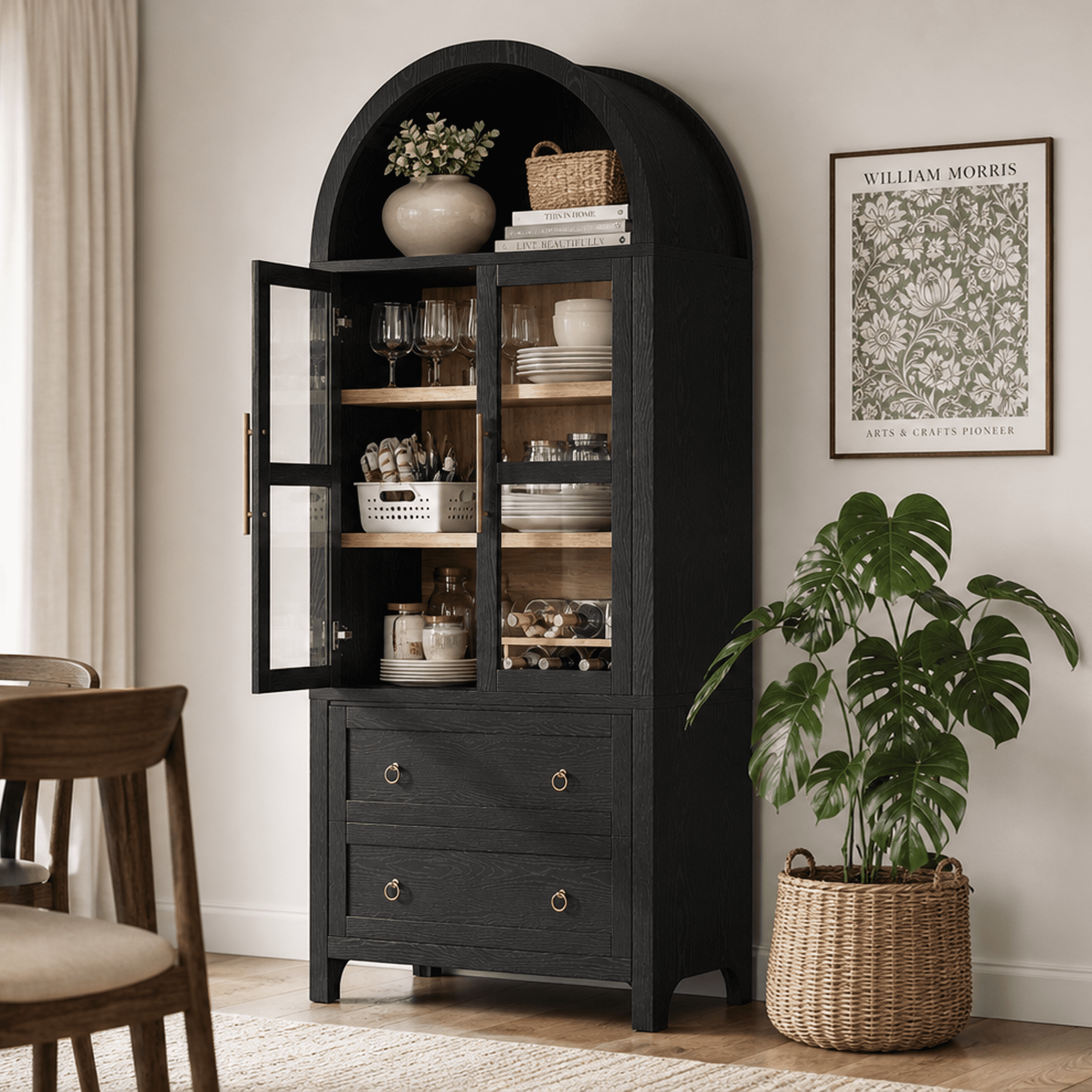 Homy Casa 71" Tall Arched Kitchen Pantry Storage Cabinet with Glass Doors 2 Drawers Adjustable Shelves Black