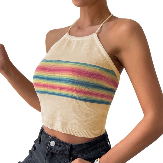 Camiseta sin mangas para mujer, diseño colorido, cuello halter, espalda descubierta, corbata, camiseta sin mangas para cita de viaje