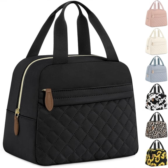 Insulated Lunch Bag for Women, Portable Lightweight Lunch Box for Adults, Reusable Small Lunch Tote Cooler Bags with Front Zipper Pocket for Work School Picnic(Black)