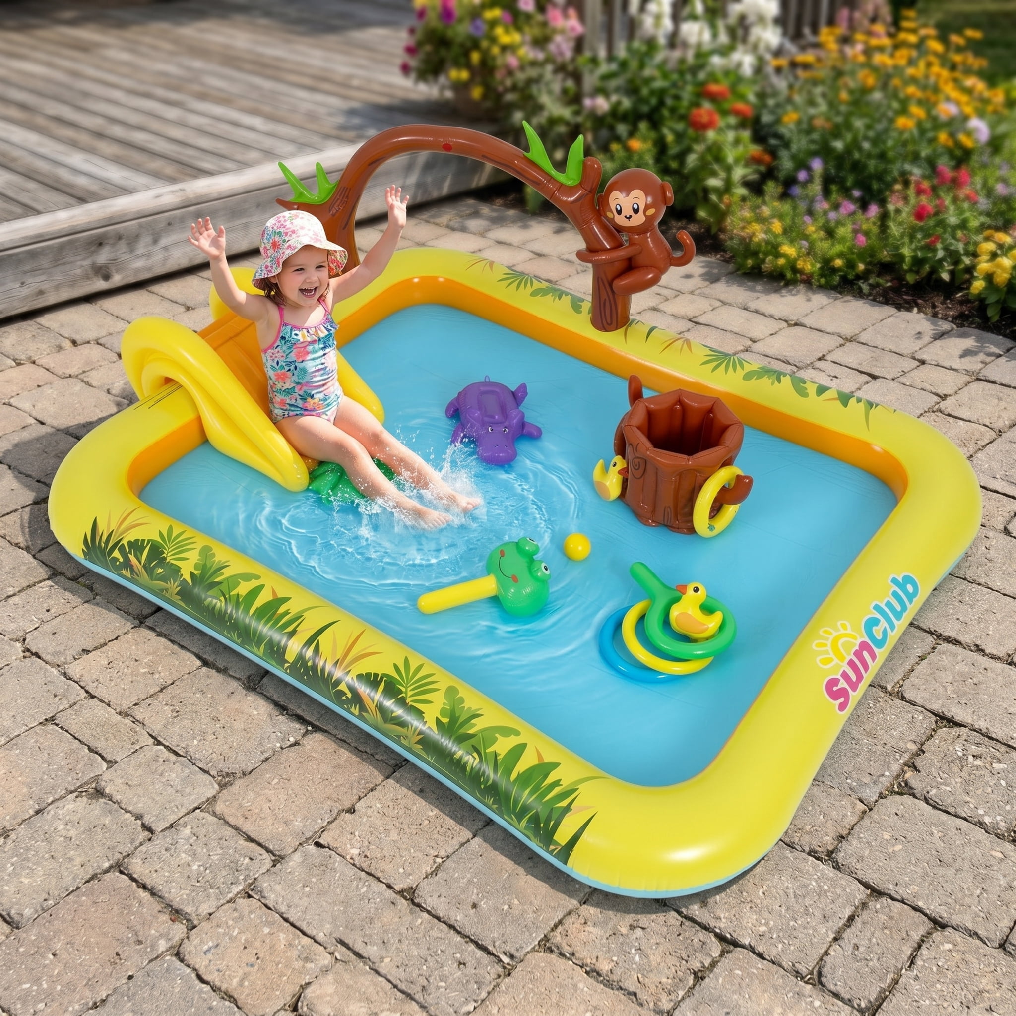 Sun Club Jungle Themed Inflatable Play Center Spray Pool with Slide, Sprinkler & Ring Toss Game, Outdoor Kids Water Play Pool for Toddlers 2-6, Backyard Summer Fun