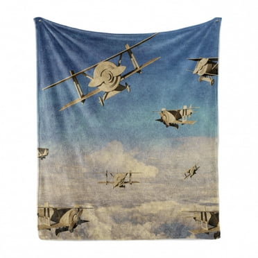 Airplane Soft Flannel Fleece Throw Blanket, 3d Style Retro Biplanes Flying on the Sky Background with Grunge Effect, Cozy Plush for Indoor and Outdoor Use, 50" x 70", Blue Tan and Cream, by Ambesonne