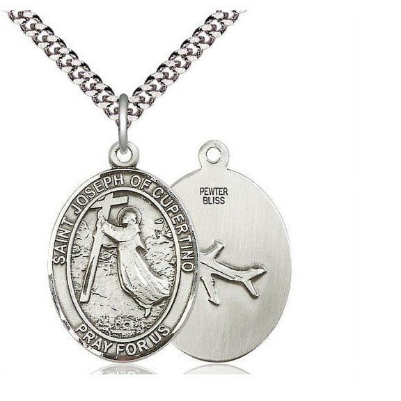 Extel Large Oval Pewter St. Joseph of Cupertino Pendant with 24" chain, Made in USA