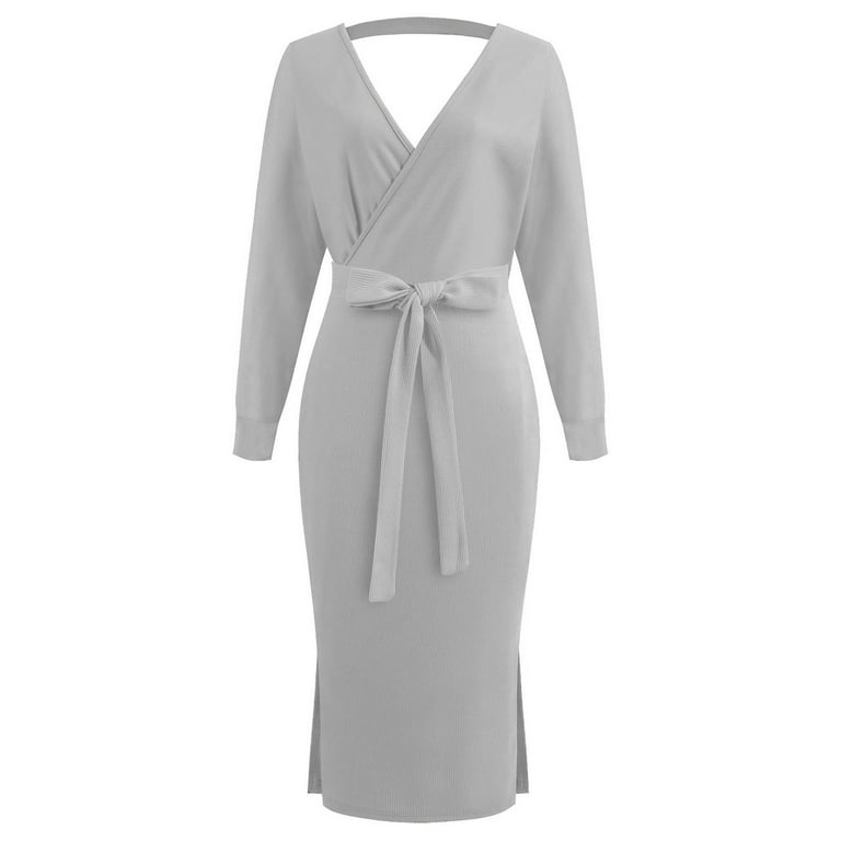 AKOEE Knitted Sweater Wrap Midi Dress Womens Puff Long Sleeve V Neck Tie Waist Bodycon Split Pencil Dress with Belt (XX-Large, Gray), Women's, Size: