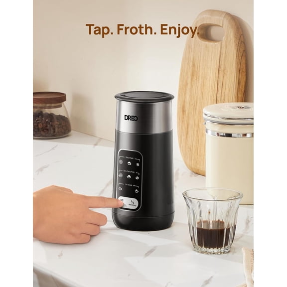 DREO Milk Frother, 8-in-1 Electric Stainless Steel Frother for Latte Art Microfoam and Coffee, 9oz/270ml Warm and Cold Foam Automatic Frothers, LED, Easy to Clean