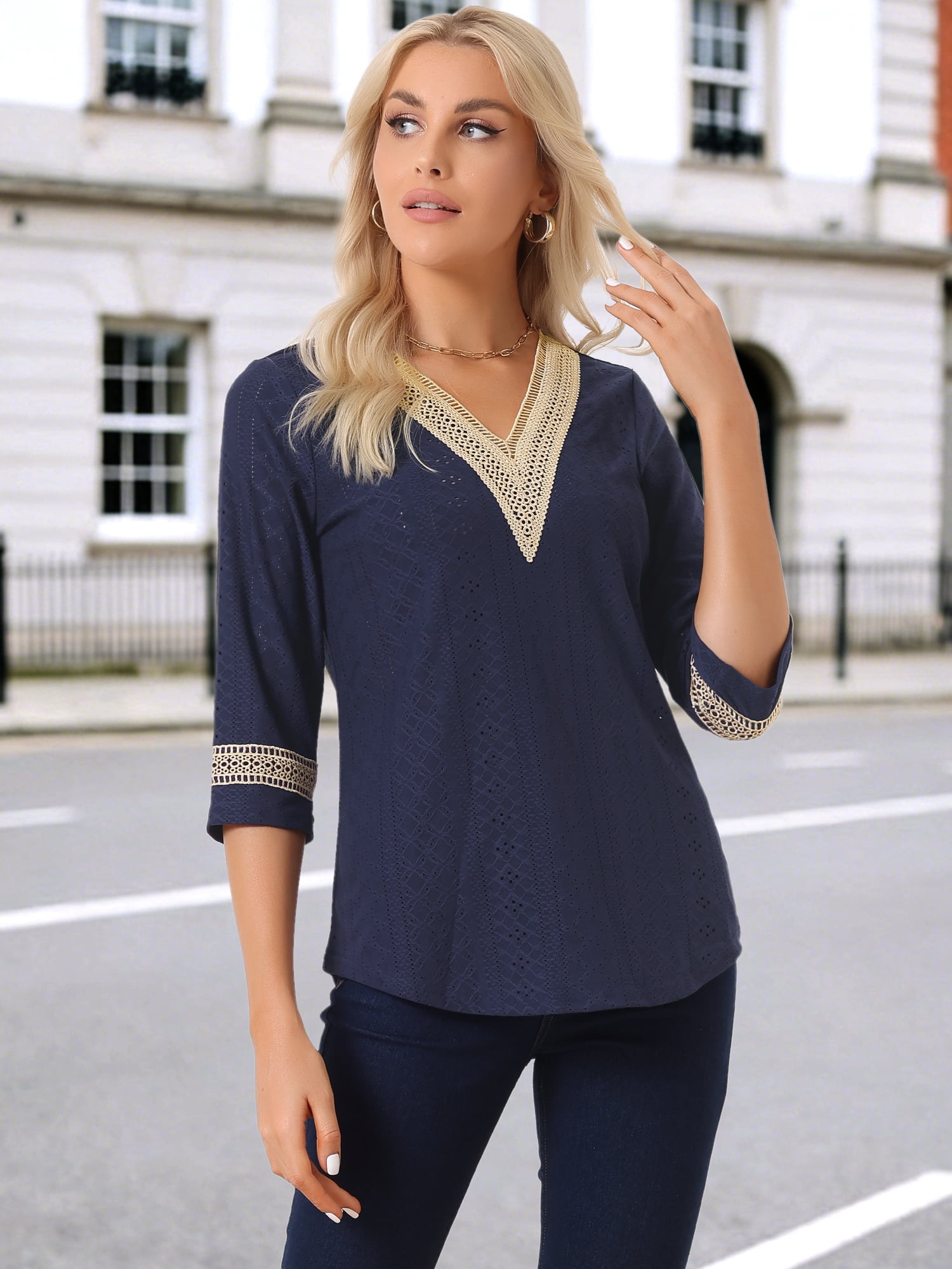 DARING DIVA Women's 3/4 Sleeve Tops Hollow Color Block Boho Shirts M Navy Blue