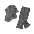 thumbnail image 6 of Two Piece Kids Ribbed Outfit Girls Asymmetrical Hem Crop Tees Wide Leg Pants Casual Summer Fashion Clothes Lounge Wear 12 Years, Gray, 6 of 7