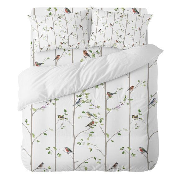 Duvet Cover Set Queen Size 4 Pieces, Spring Bird Tree Branches Comforter Cover Soft Bedding Sets, Watercolor Pastoral Style Bed Set Include 1 Duvet Cover, 2 Pillow Shams, 1 Bed Sheet for All Season