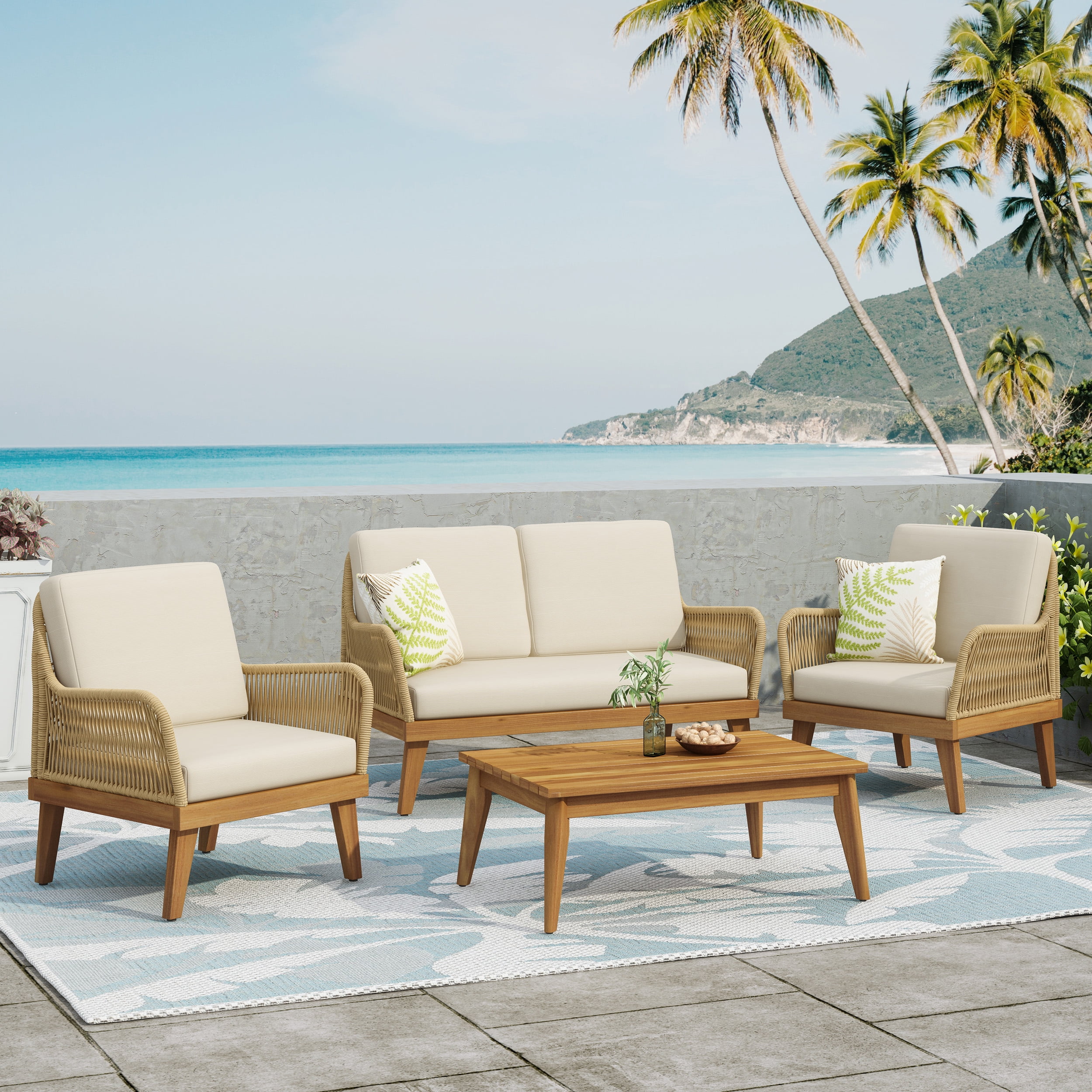 Outdoor 4 Piece Conversation Furniture Set, Acacia Wood with Rope Detail and Water Resistant Cushions for Patio, Teak and Beige