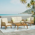 thumbnail image 3 of 4 Pieces Outdoor Acacia Wood Sofa Set, Woven Mesh Armrests, L-Shaped Patio Furniture Sofa Set with Coffee Table, Outdoor Conversation Set with Gray Cushions and Side Table, 3 of 9