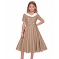 thumbnail image 4 of ZQUUVOU Vintage Dress for Girls Short Sleeve Collared Double-breasted Swing Skirt Casual Elegant Party Dance Dress Brown, 4 of 6