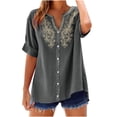 thumbnail image 2 of Xdegoge Casual Boho Women Short Sleeve Tunic Tops Cotton Linen V Neck Button Down Embroidered Shirts Flowy Loose Fit Summer Blouse Vacation Work Everyday Wear, 2 of 7