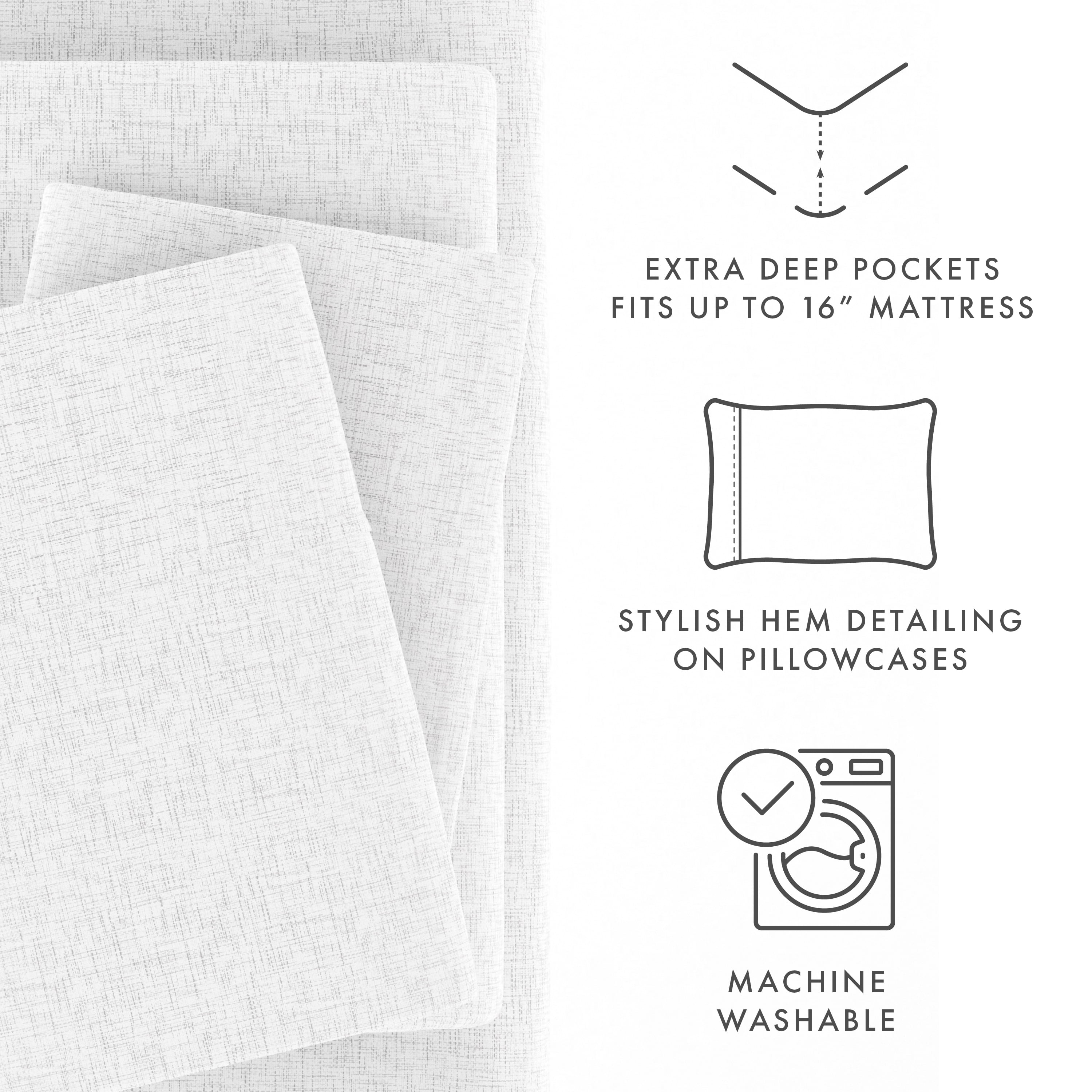 Noble Linens 3 Piece Pattern Microfiber Bed Sheets Set, White Chambray Style, Twin