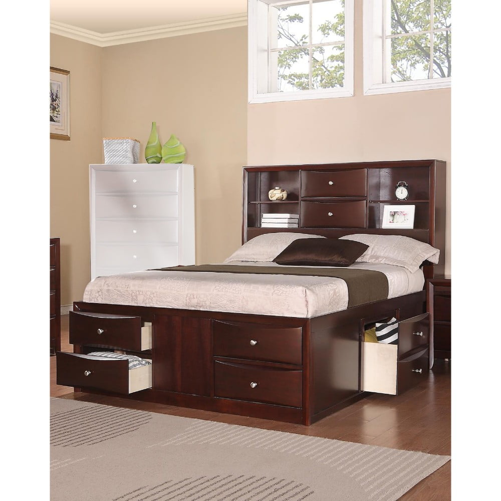 Wooden Queen Bed W/ Display Shelves & Under Bed Drawers,Dark Brown ...