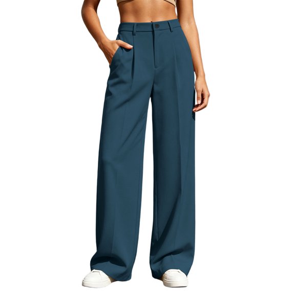 Oiangi Womens Wide Leg Dress Pants High Waisted Button Zipper Trousers Fall Casual Business Office Work Pant with Pockets Navy L