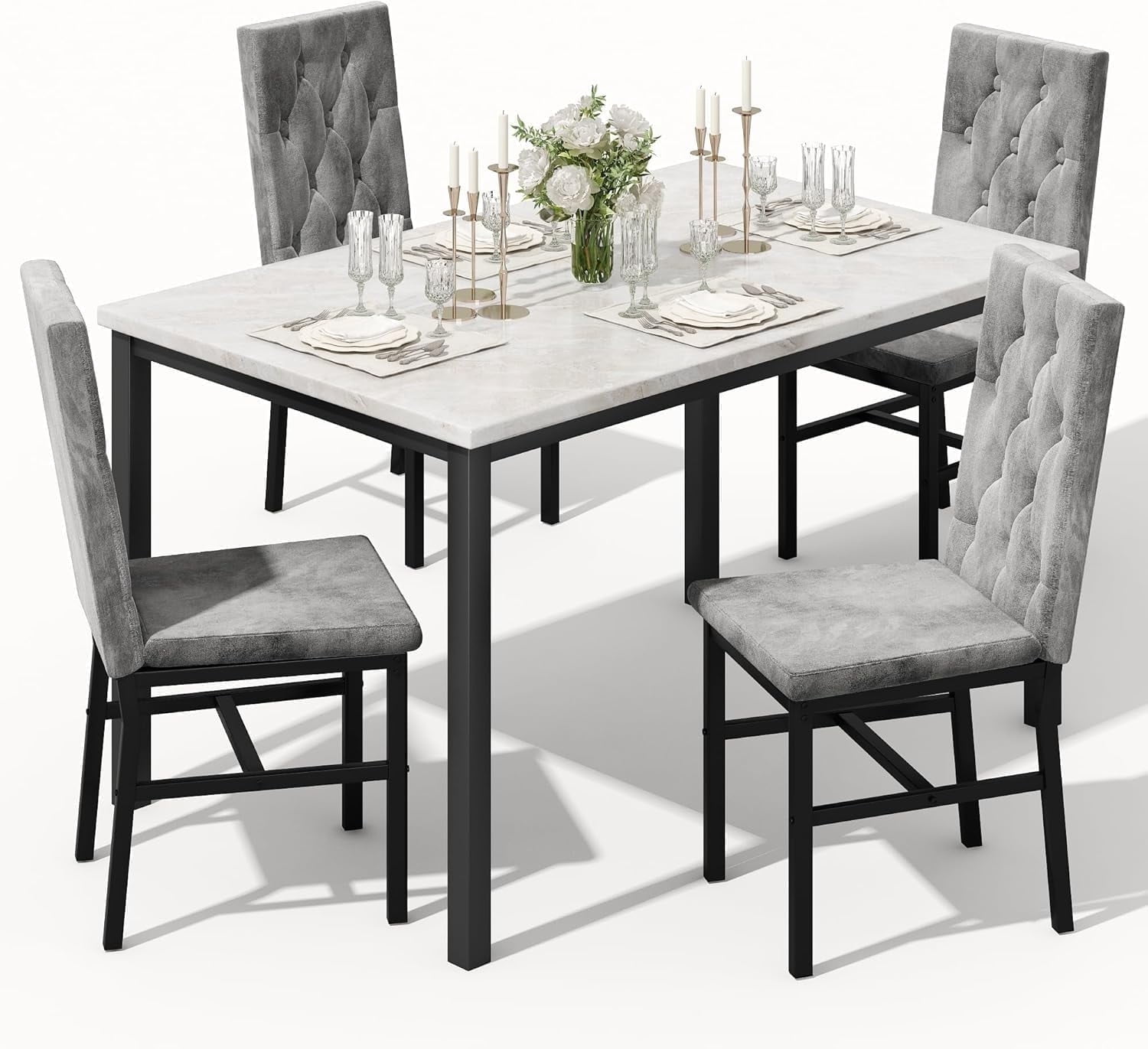 Dining Table Set for 4, Marble Kitchen Table Set, Western European Style with 4 Tufted Dining Chairs for, Small Spaces, Apartments, Breakfast Corners, Kitchens and Dining Rooms (white/gray)
