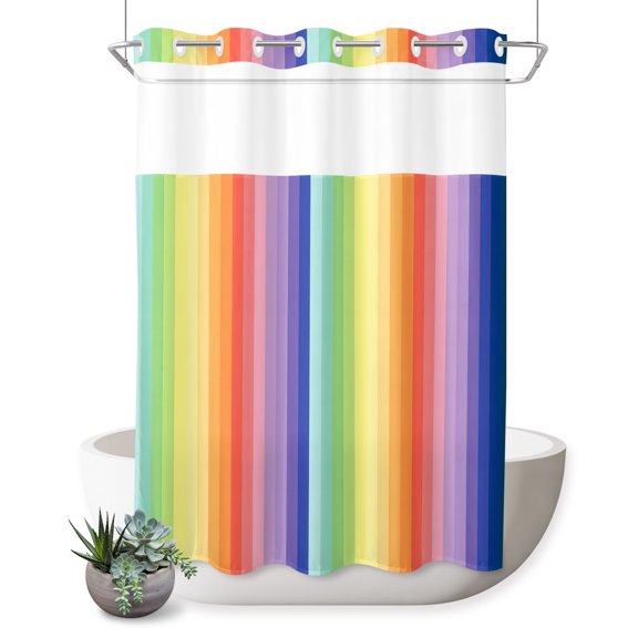 No Hook Shower Curtain, Colorful Stripe Shower Curtains for Bathroom with See Through Top Window, Abstract Modern Ombre Geometric Lines Waterproof & Washable Bath Curtain Extra Long 72"x84"