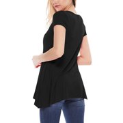 Women's A-Line Short Sleeve Relaxed Fit Round Neck Solid Tunic Top with Pockets