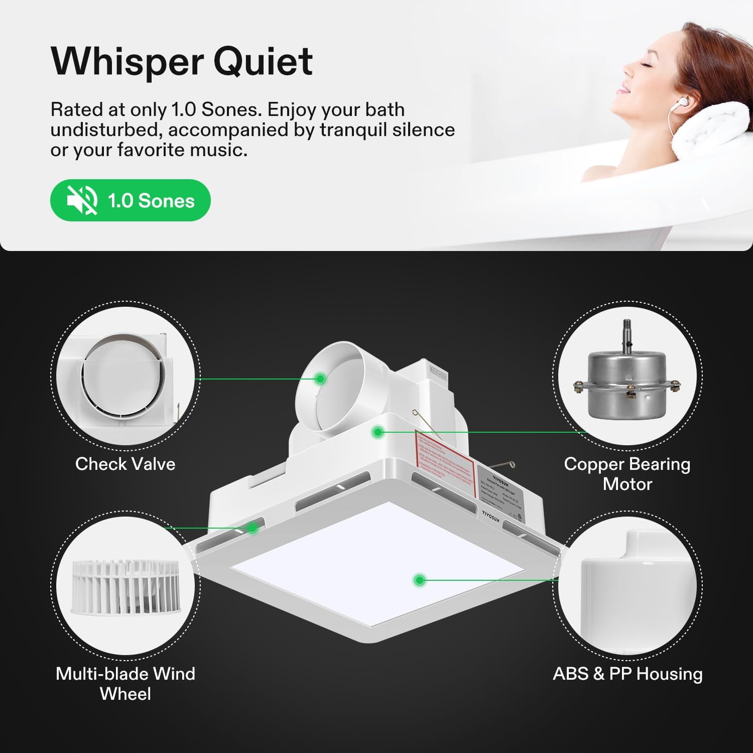 VIVOSUN 110 CFM 1.0 Sones Bathroom Ventilation & Exhaust Fan with Dimmable LED Light, 4 Inch Duct Fan