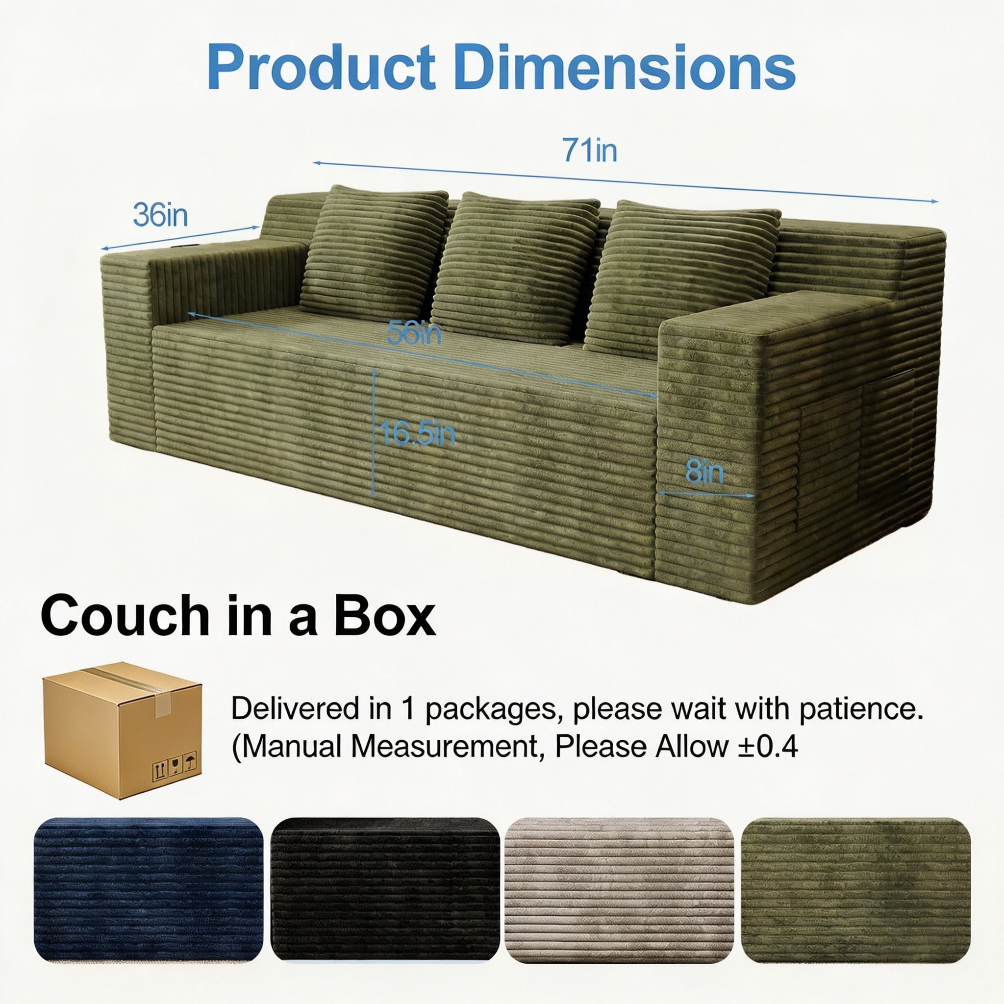 Modern 71" Corduroy Sofa, No Assembly Deep Seat Couch in a Box for Living Room, Green