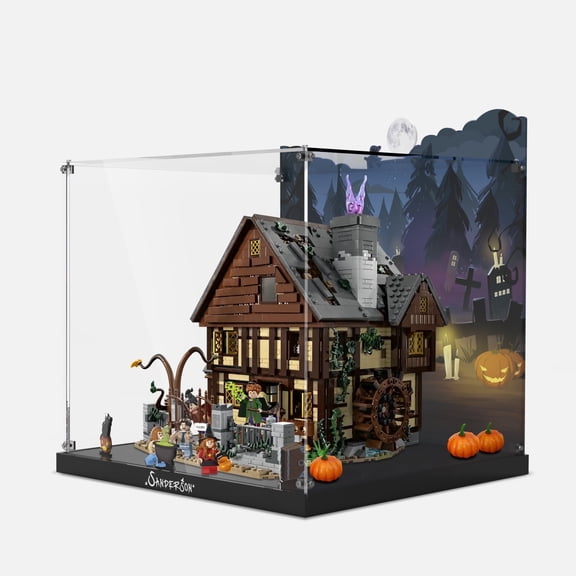 Acrylic Display Case Compatible with Lego 21341 Hocus Pocus: The Sanderson Sisters' Cottage Building Bricks, Dustproof Display Box, Customized Decorative Box & HD Painted Background