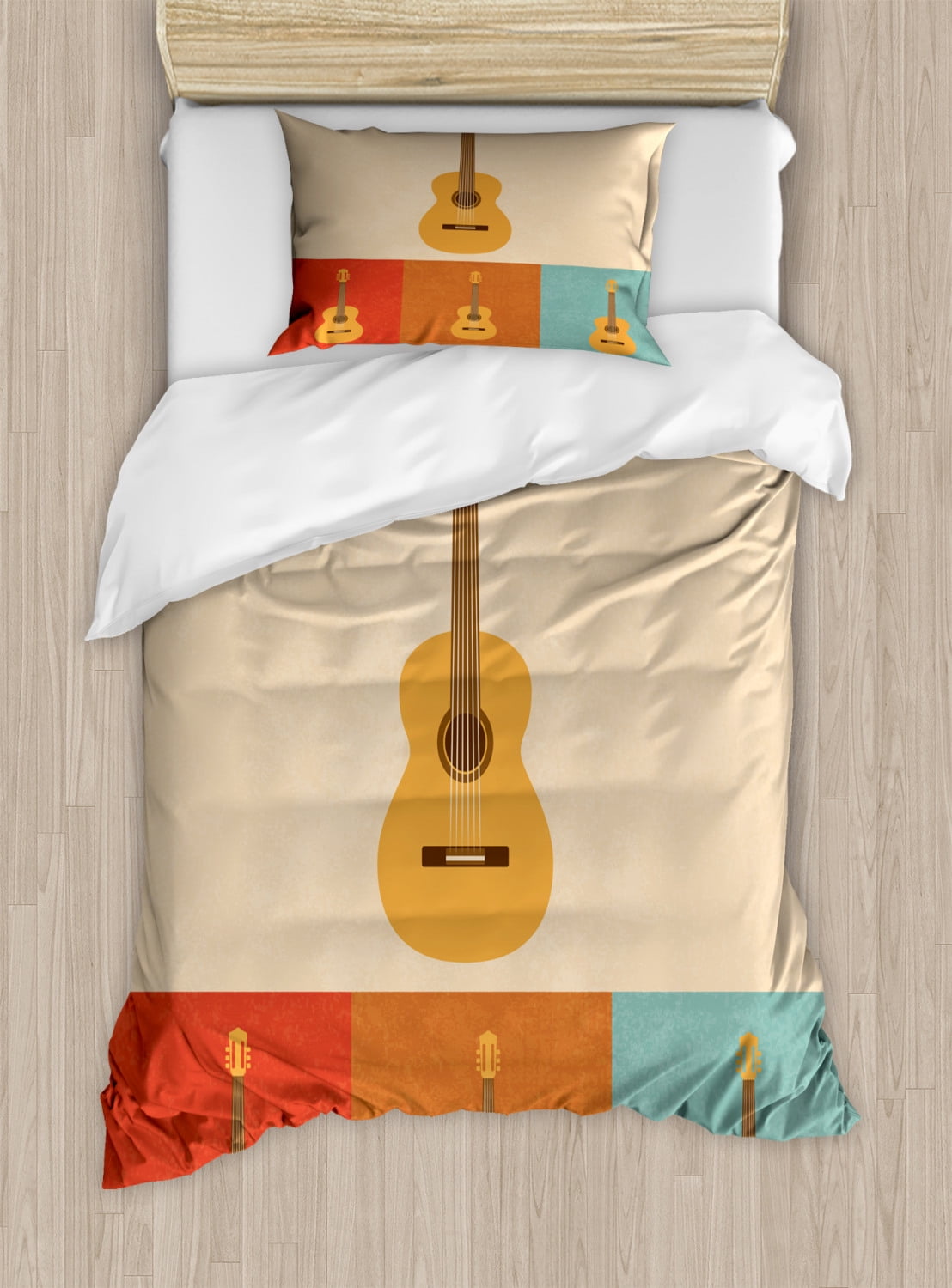 Guitar Duvet Cover Set Twin Size, Retro Icons Acoustic Guitars in