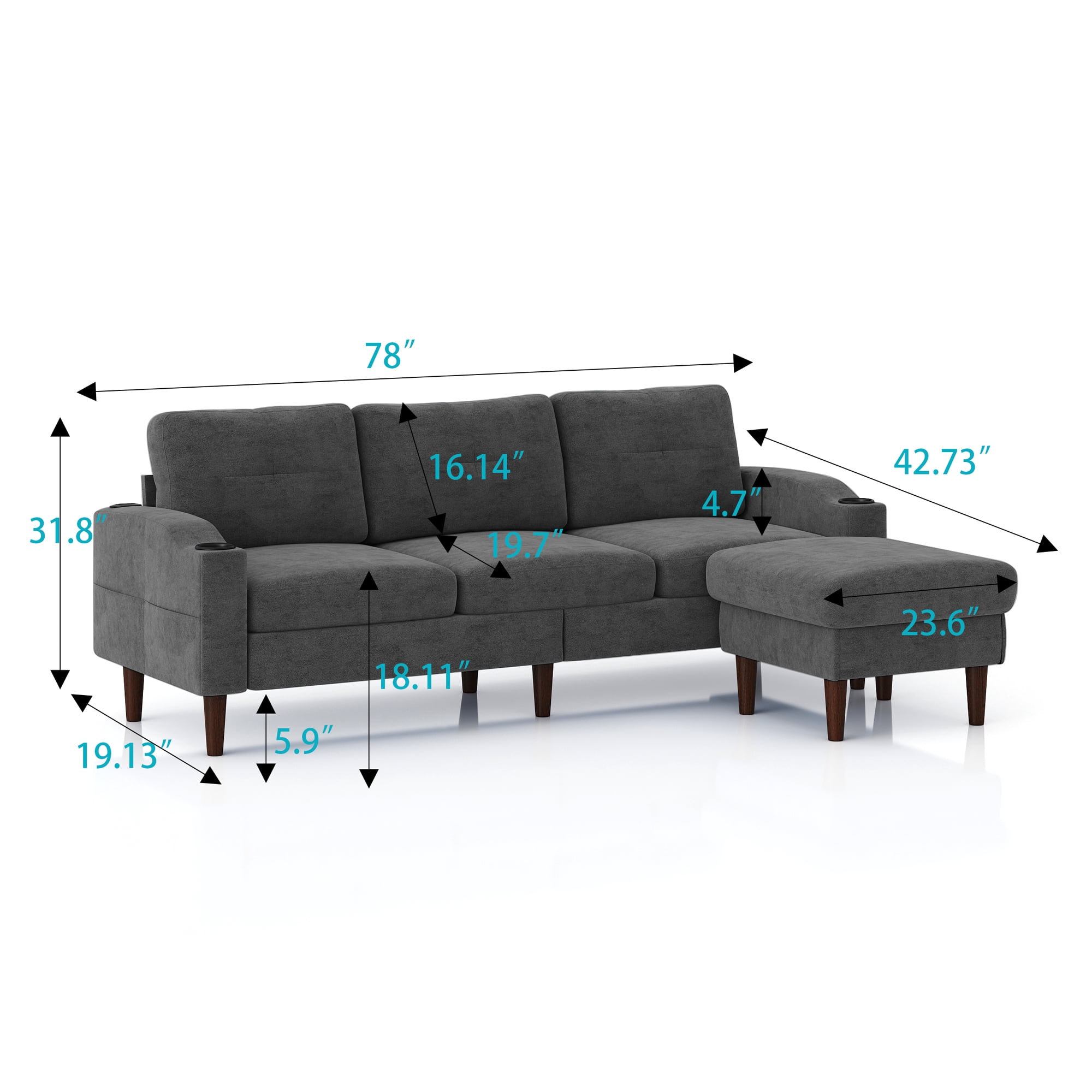 Aukfa L Shaped Sectional Sofa with USB Ports and Cup Holders, 78" 3 Seater Couch with Storage Ottoman, Dark Gray